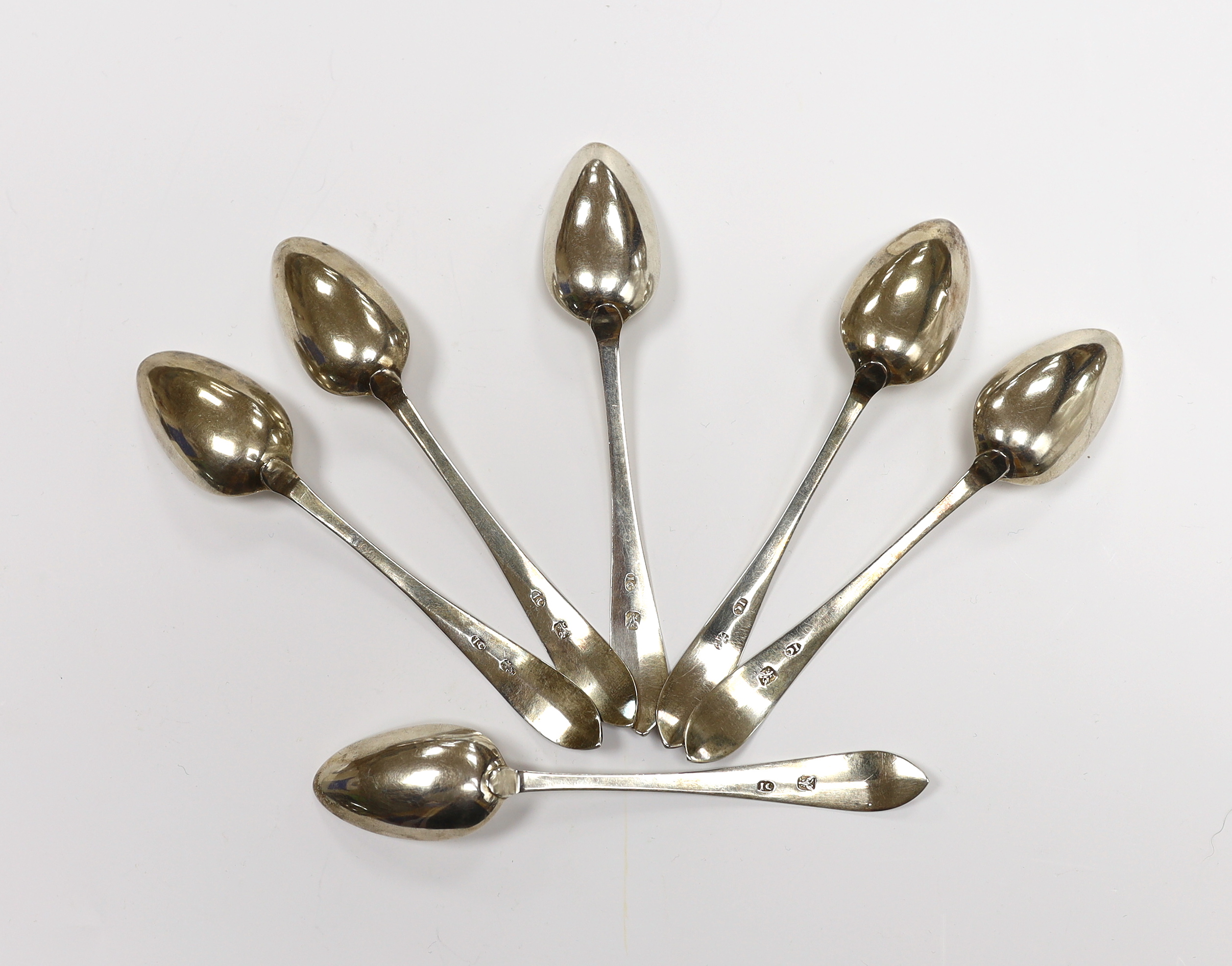 A set of six George III Scottish provincial silver bright cut engraved teaspoons by James Confute, Perth, c.1772-99, 13.6cm.
